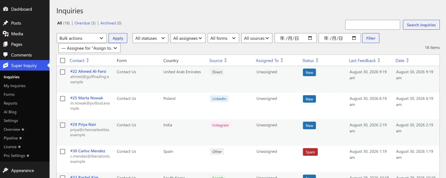 Inquiry list showing country, source, owner and status